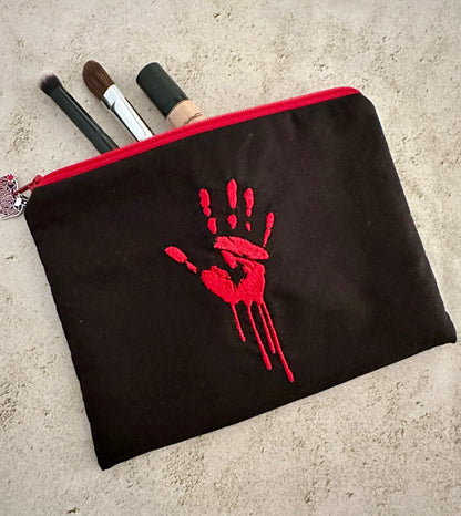 Bloody Handprint Embroidered Zipper Pouch – Horror Lover Cosmetic Bag & True Crime Gift
