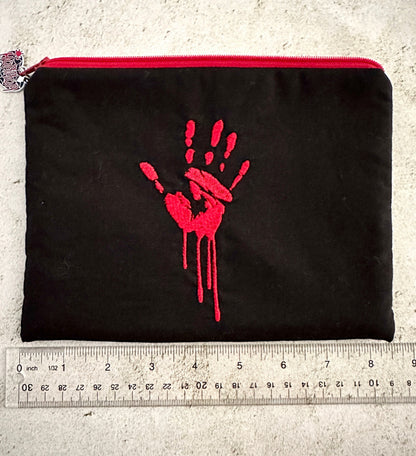 Bloody Handprint Embroidered Zipper Pouch – Horror Lover Cosmetic Bag & True Crime Gift