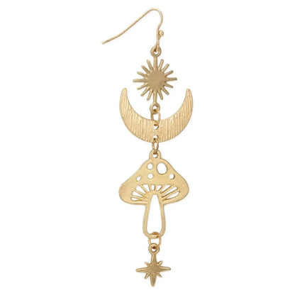 Celestial Magical Mushroom Gold Hook Earrings | 3" x 1" Gold Earrings
