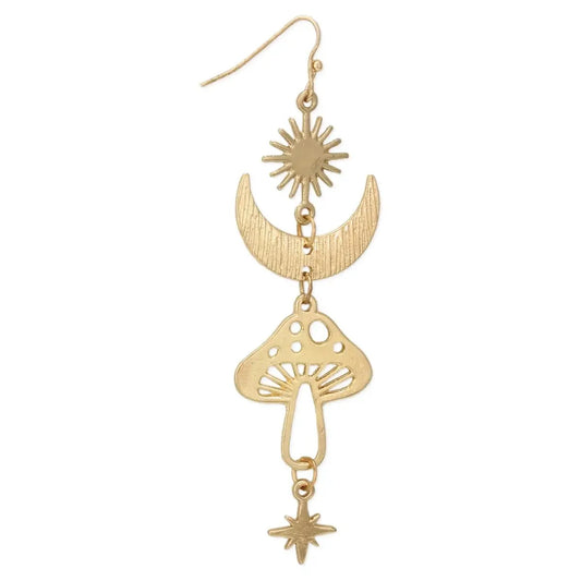 Celestial Magical Mushroom Gold Hook Earrings | 3" x 1" Gold Earrings