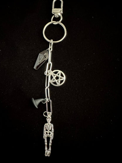 Spooky Horror Bag Charm Keychain – Silver & Black Coffin, Pentacle, Witch Hat & Skeleton Charm