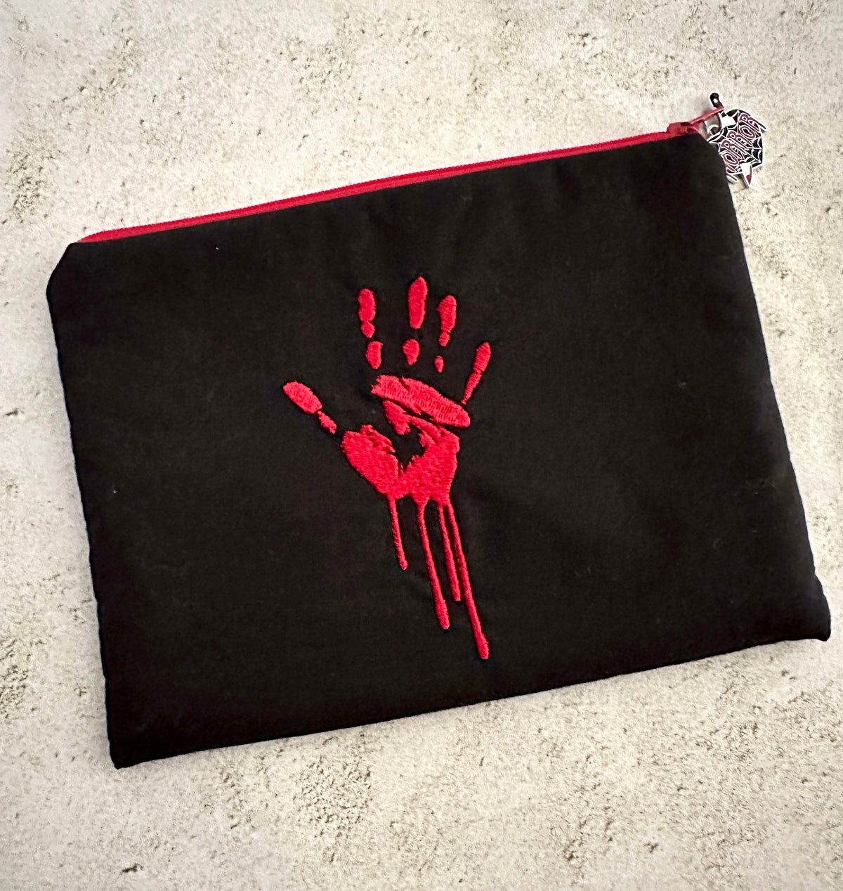 Bloody Handprint Embroidered Zipper Pouch – Horror Lover Cosmetic Bag & True Crime Gift