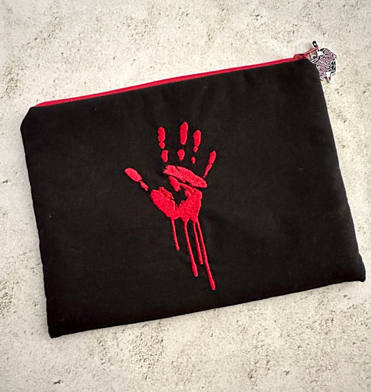 Bloody Handprint Embroidered Zipper Pouch – Horror Lover Cosmetic Bag & True Crime Gift
