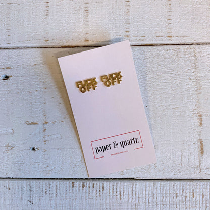 FUCK OFF Text Goldtone Stud Earrings