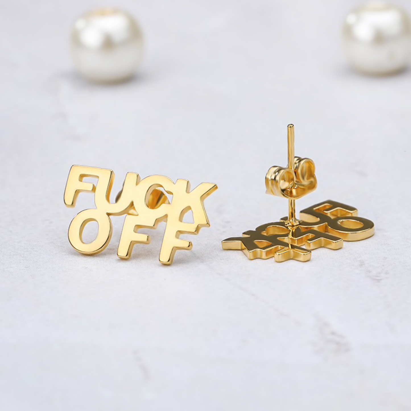 FUCK OFF Text Goldtone Stud Earrings