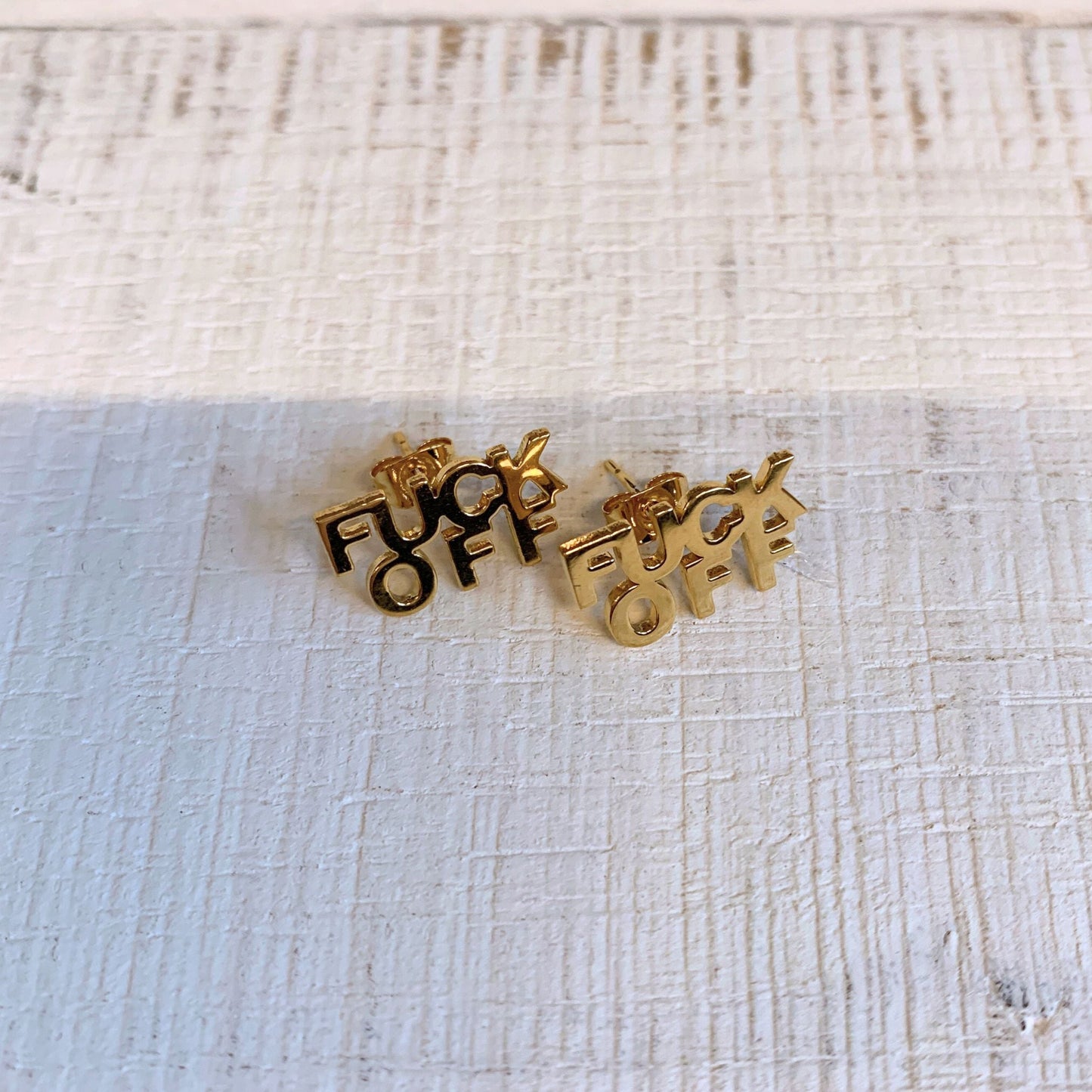 FUCK OFF Text Goldtone Stud Earrings