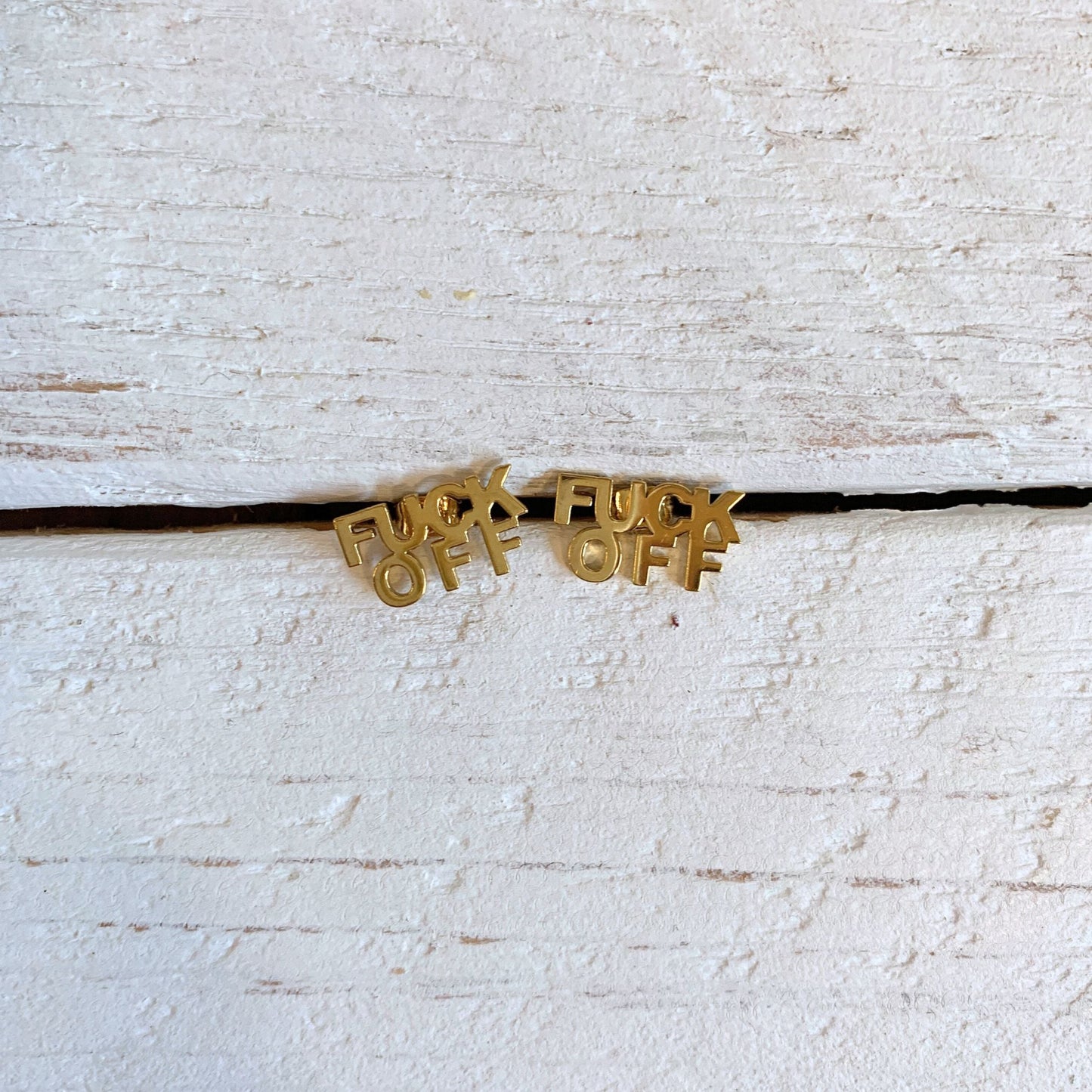 FUCK OFF Text Goldtone Stud Earrings