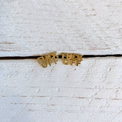 FUCK OFF Text Goldtone Stud Earrings
