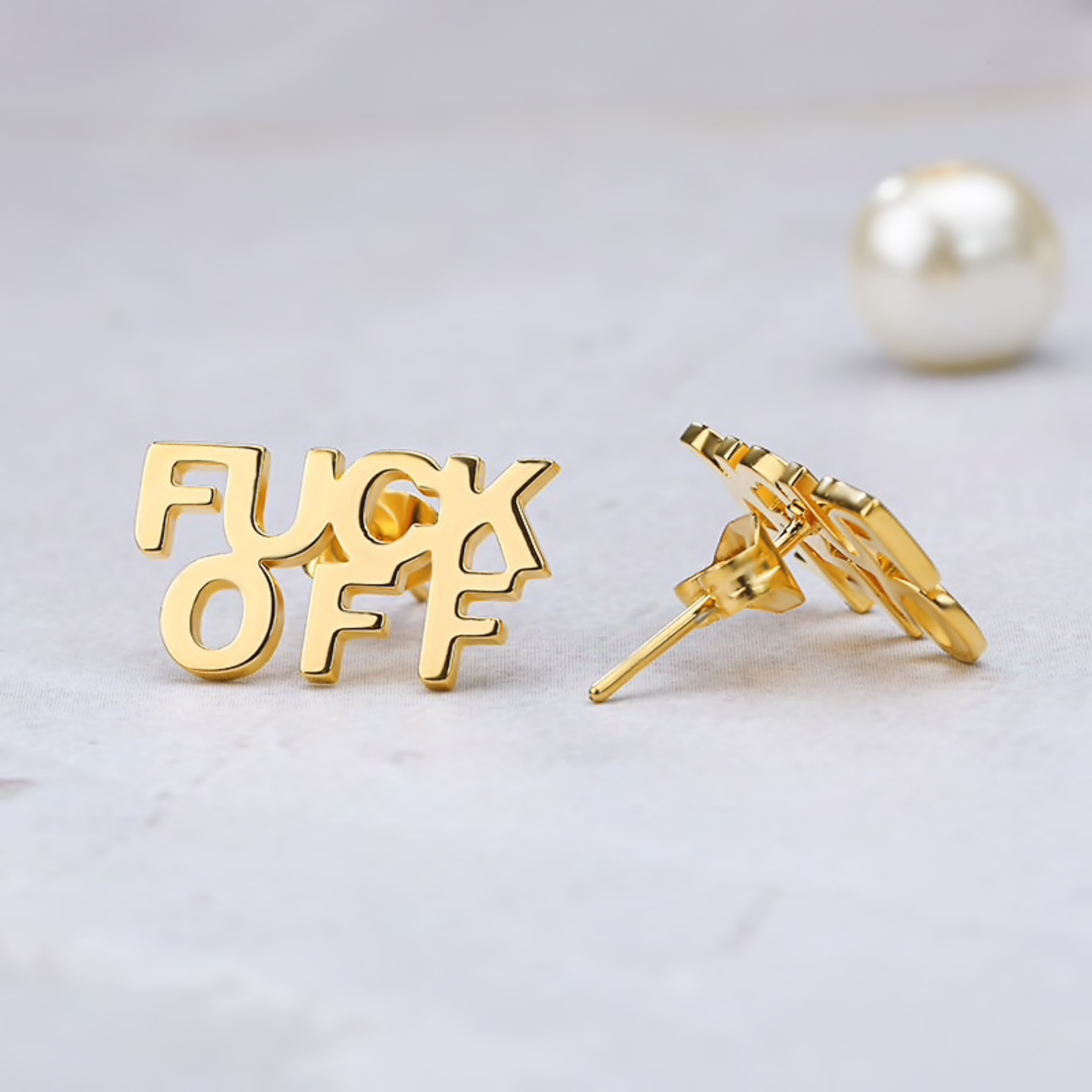 FUCK OFF Text Goldtone Stud Earrings