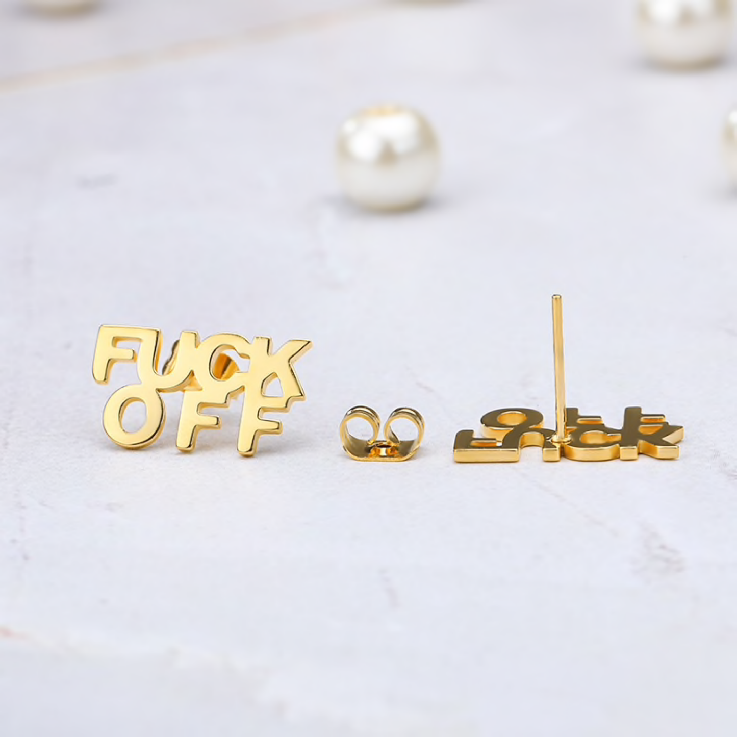 FUCK OFF Text Goldtone Stud Earrings