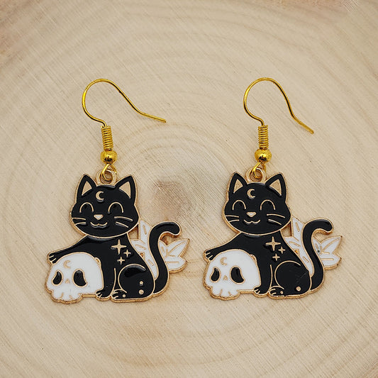 Skull Kitty Enamel Earrings
