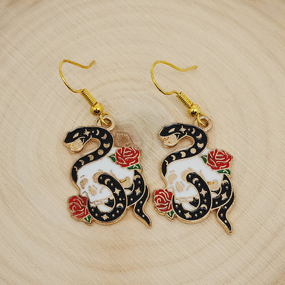 Snake Skull and Rose Gold Enamel Earrings