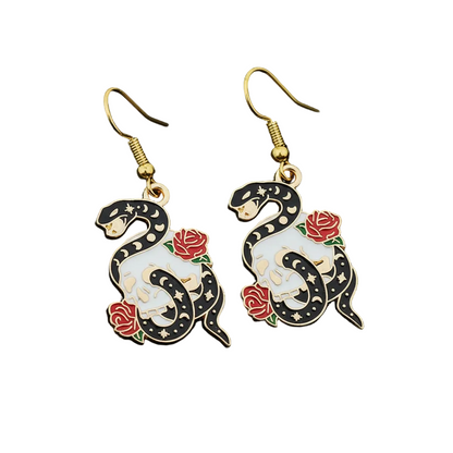 Snake Skull and Rose Gold Enamel Earrings