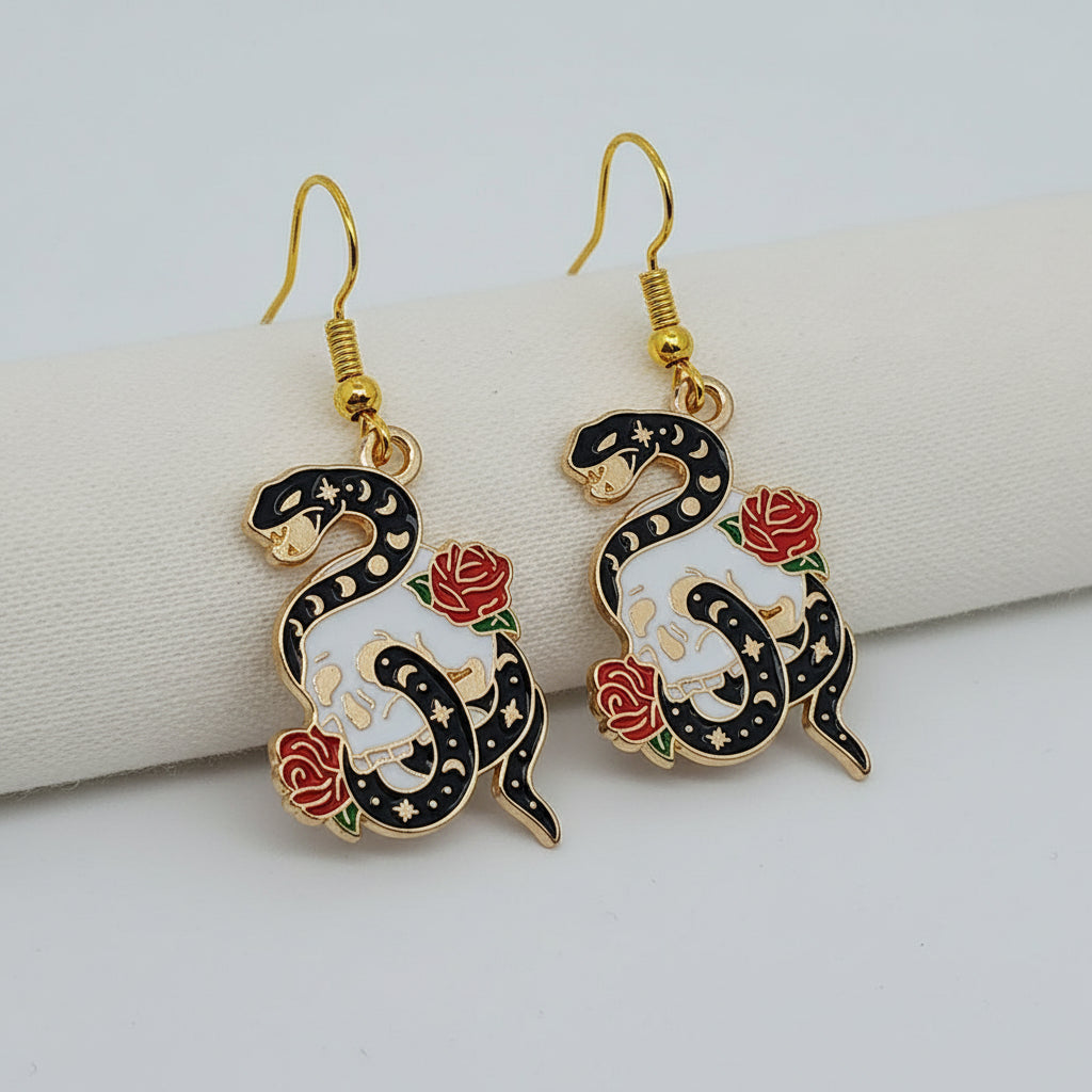 Snake Skull and Rose Gold Enamel Earrings