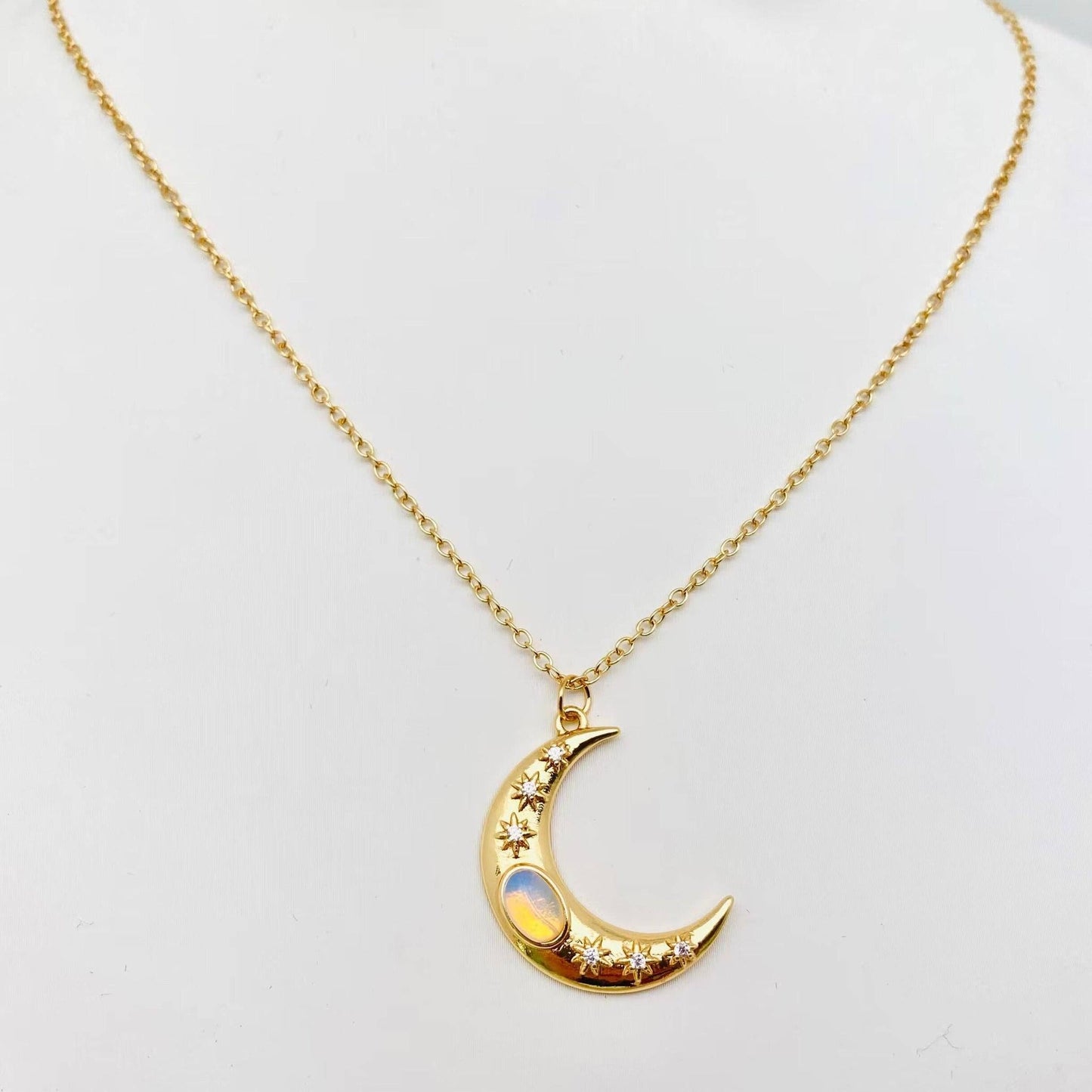 Golden Star Moon Inlaid Opal Pendant Necklace