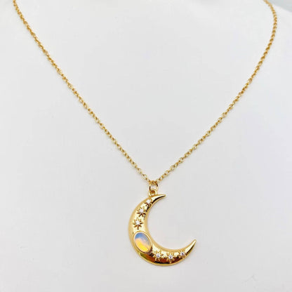Golden Star Moon Inlaid Opal Pendant Necklace