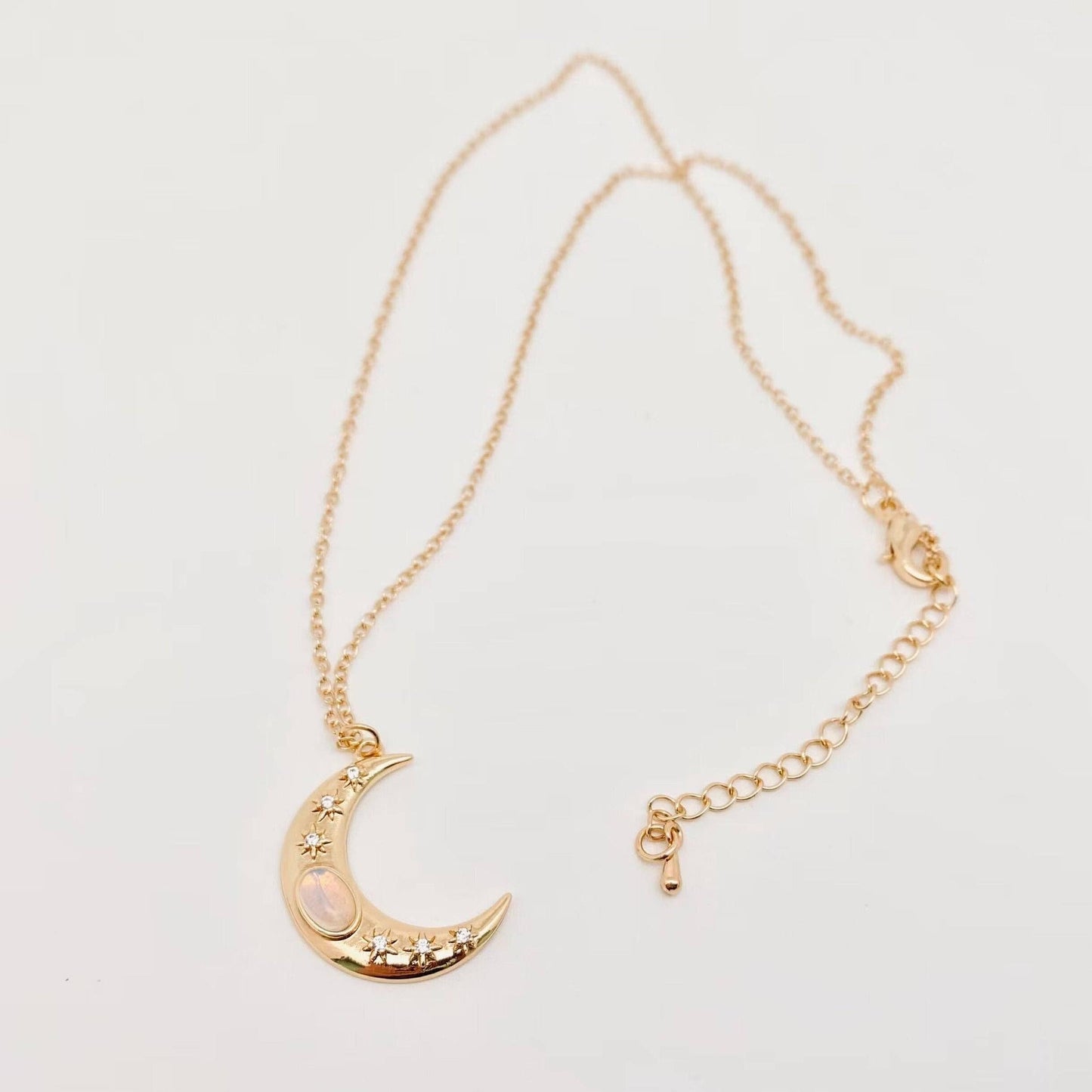 Golden Star Moon Inlaid Opal Pendant Necklace