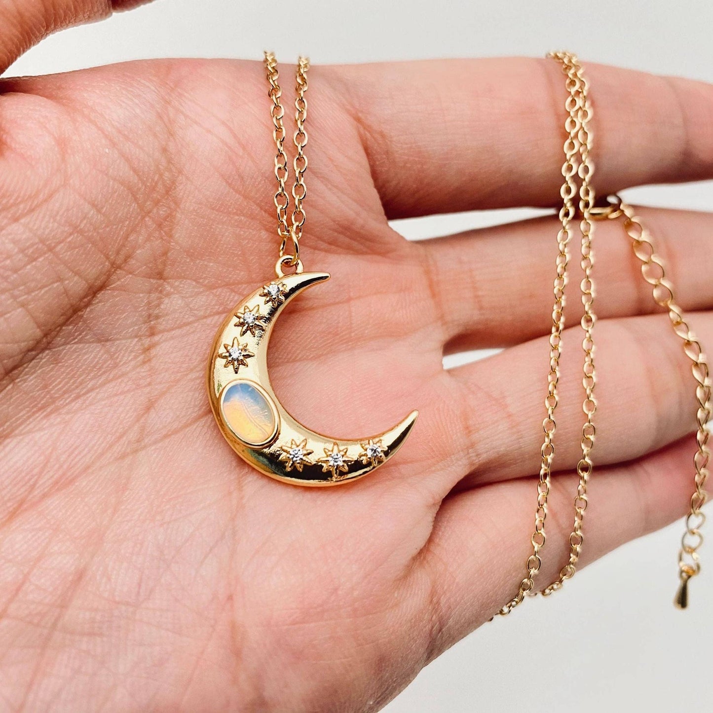 Golden Star Moon Inlaid Opal Pendant Necklace