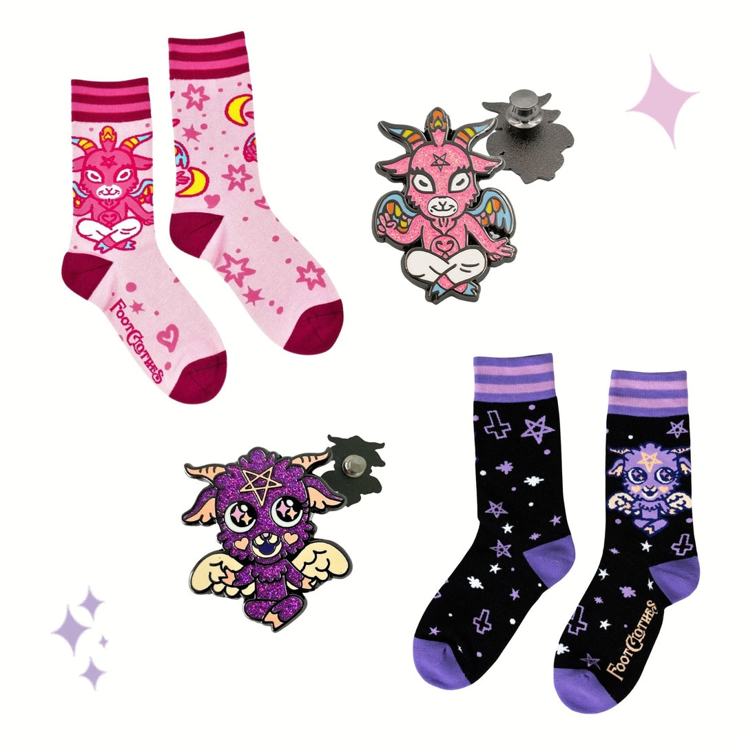 Cute and Baby Baphomet Socks and Pins Gift Pack