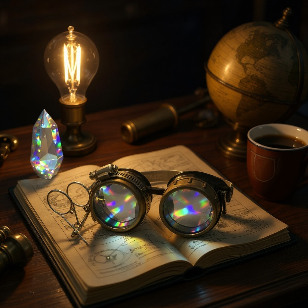 Handmade Steampunk Goggles with Loupe – Diffraction Lenses - neon pink, light blue, lime green, orange, and clear