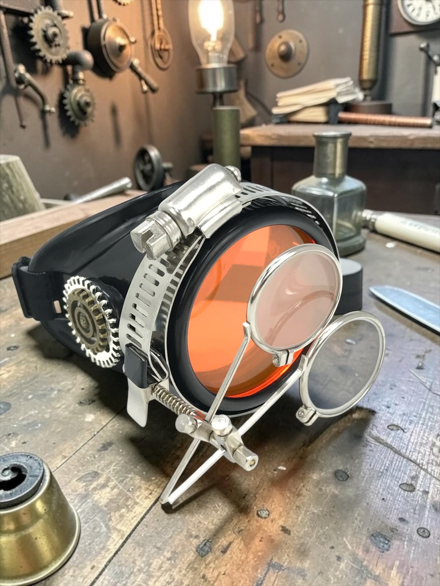 Mad Scientist - Steampunk Monocle with Magnifying Loupe – Victorian Eyepatch - neon pink, orange, green lenses