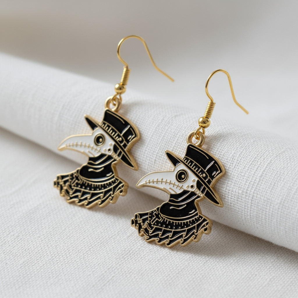 Plague Doctor Gold Enamel Earrings