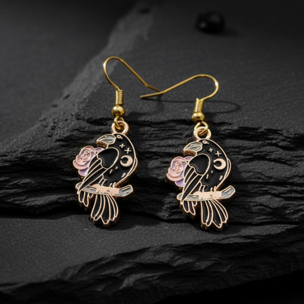 Raven & Rose Gold Enamel Earrings