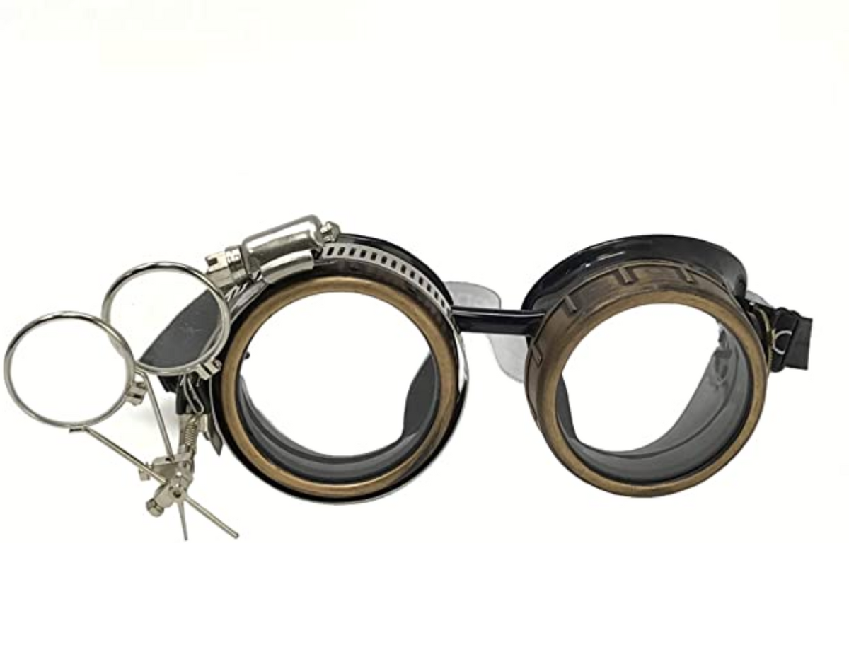 Handmade Steampunk Goggles with Loupe – Diffraction Lenses -neon pink, lime green, orange, and clear lenses