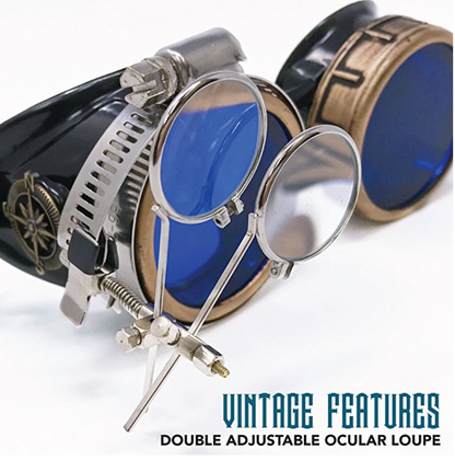 Handmade Victorian Steampunk Goggles with Loupe - blue, red, purple, black, clear, green, light blue lenses