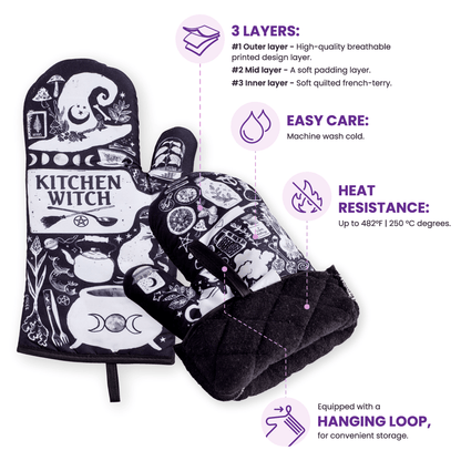 Set of 2 Kitchen Witch Oven Mitt | Pot Holders Set