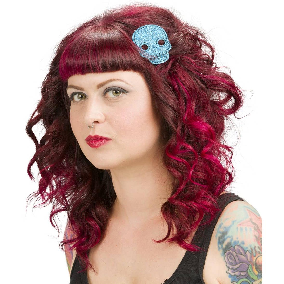 Sourpuss Aqua Glitter Skull Hair Clips Set of 2