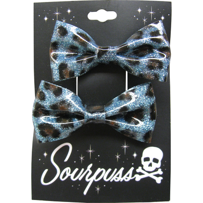 Sourpuss Blue Leopard Glitter Hair Bows Set of 2 | Rockabilly Hair Accessories