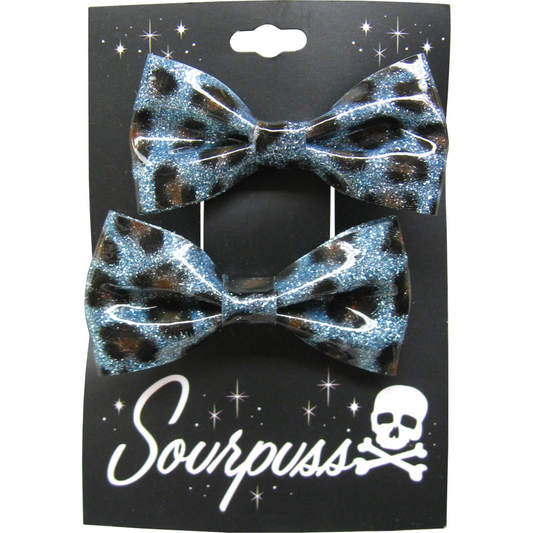 Sourpuss Blue Leopard Glitter Hair Bows Set of 2 | Rockabilly Hair Accessories