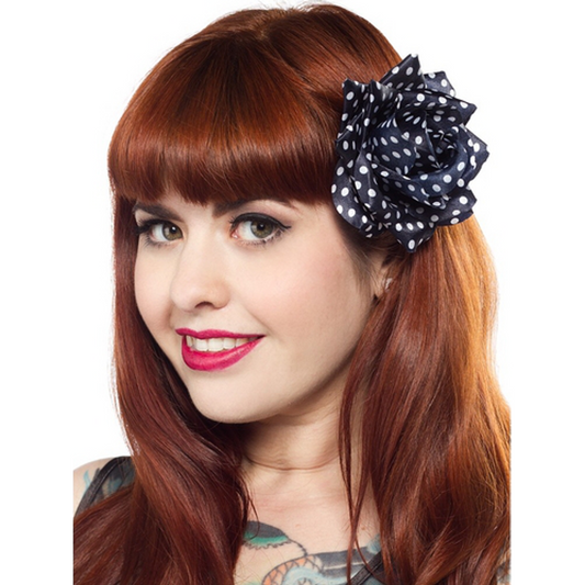 Sourpuss Navy Blue White Polka Dot Rose Hair Clip