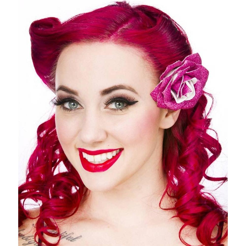 Sourpuss Pink Glittery Rose Hair Clip