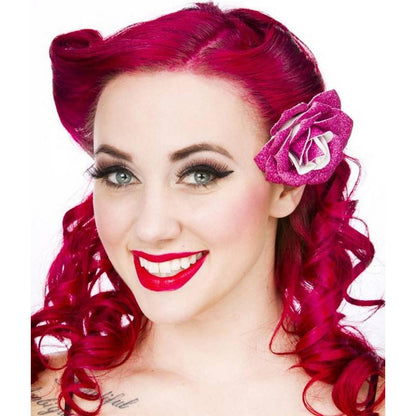 Sourpuss Pink Glittery Rose Hair Clip