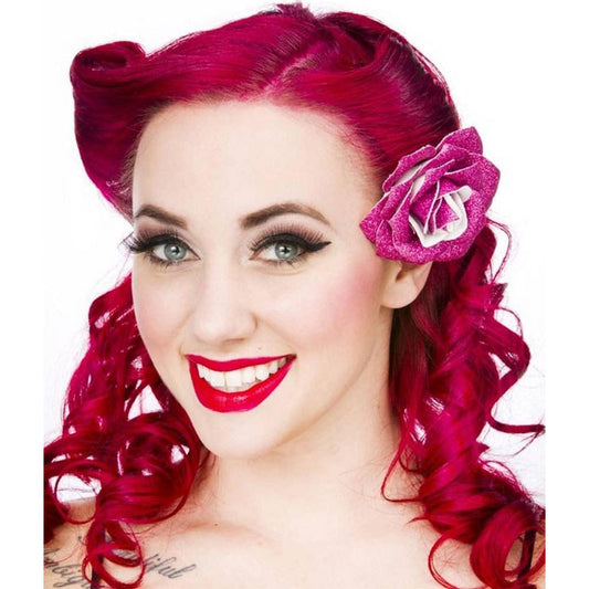 Sourpuss Pink Glittery Rose Hair Clip