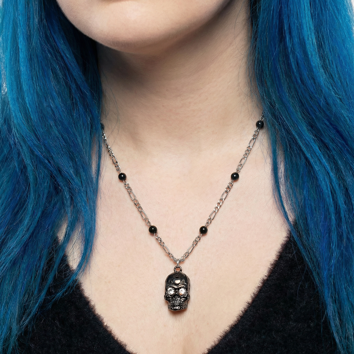 Sourpuss Silver Skull Pendant Necklace | Sugar Skull with Rhinestone Eyes