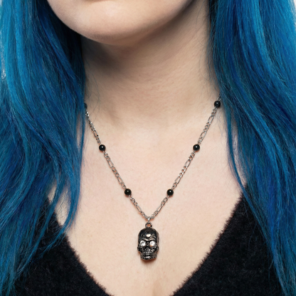 Sourpuss Silver Skull Pendant Necklace | Sugar Skull with Rhinestone Eyes