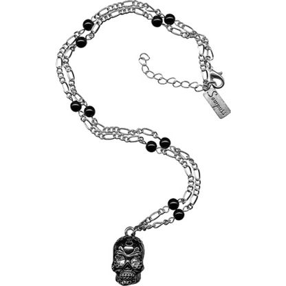 Sourpuss Silver Skull Pendant Necklace | Sugar Skull with Rhinestone Eyes
