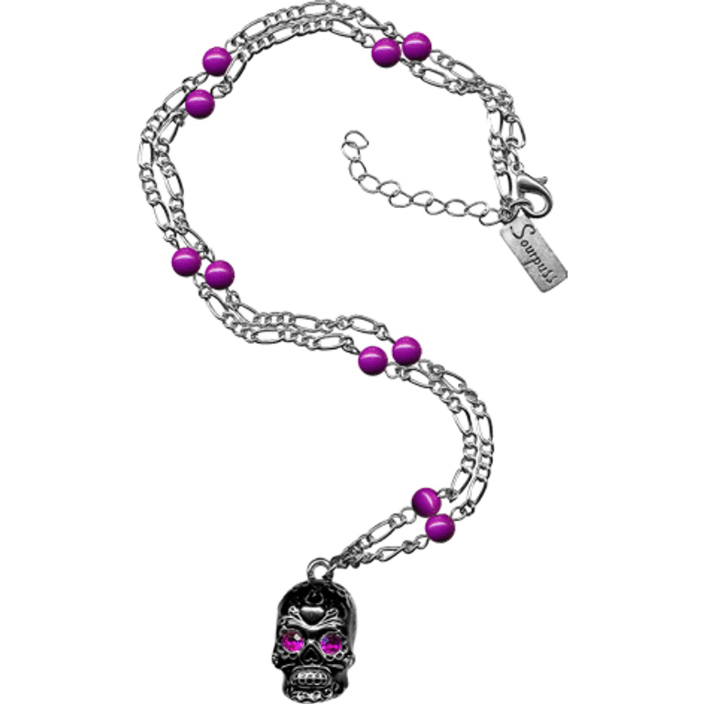 Sourpuss Silver Skull Pendant Necklace | Sugar Skull with Rhinestone Eyes