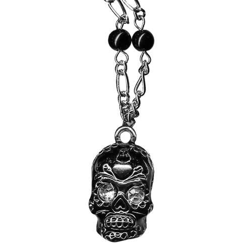 Sourpuss Silver Skull Pendant Necklace | Sugar Skull with Rhinestone Eyes