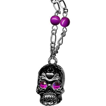 Sourpuss Silver Skull Pendant Necklace | Sugar Skull with Rhinestone Eyes