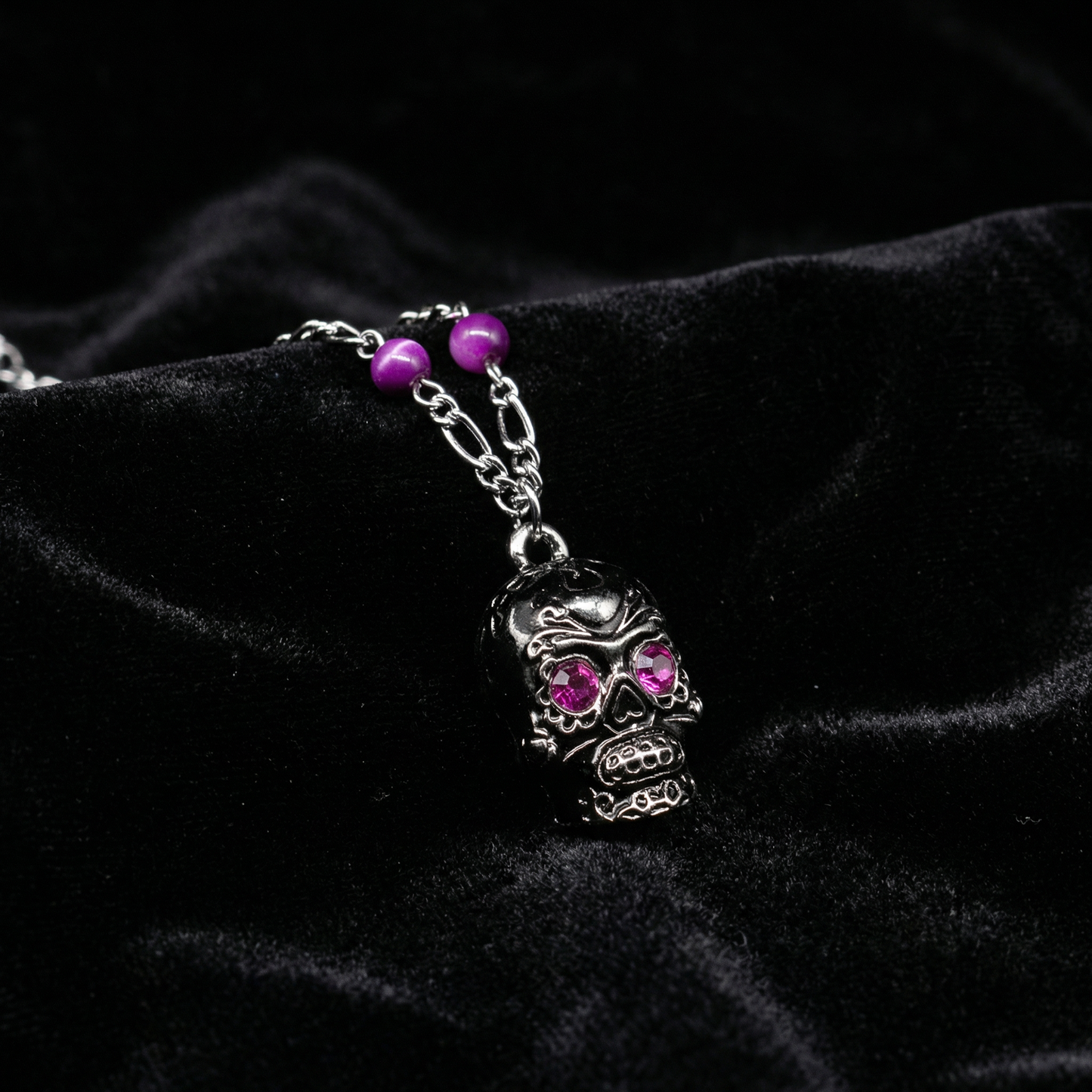 Sourpuss Silver Skull Pendant Necklace | Sugar Skull with Rhinestone Eyes