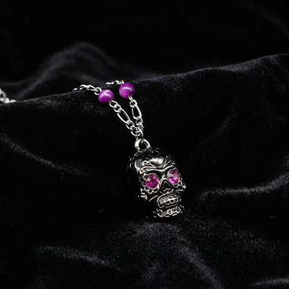 Sourpuss Silver Skull Pendant Necklace | Sugar Skull with Rhinestone Eyes