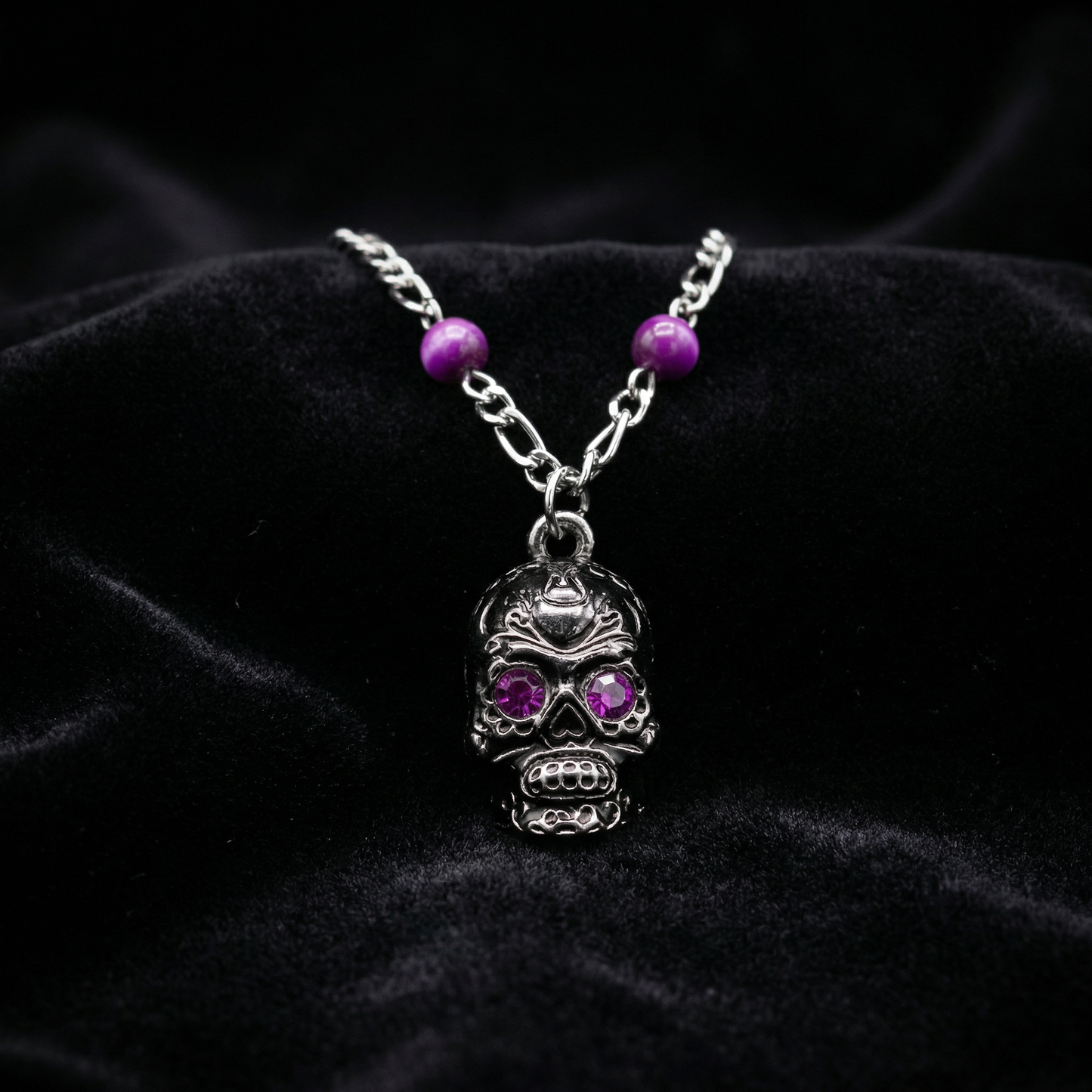 Sourpuss Silver Skull Pendant Necklace | Sugar Skull with Rhinestone Eyes