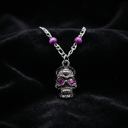 Sourpuss Silver Skull Pendant Necklace | Sugar Skull with Rhinestone Eyes