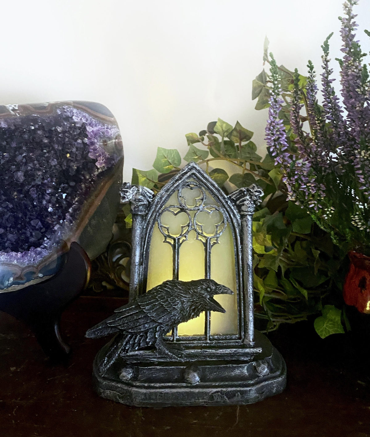 Raven and Window Tea Light, Hand Painted Resin Sculpture