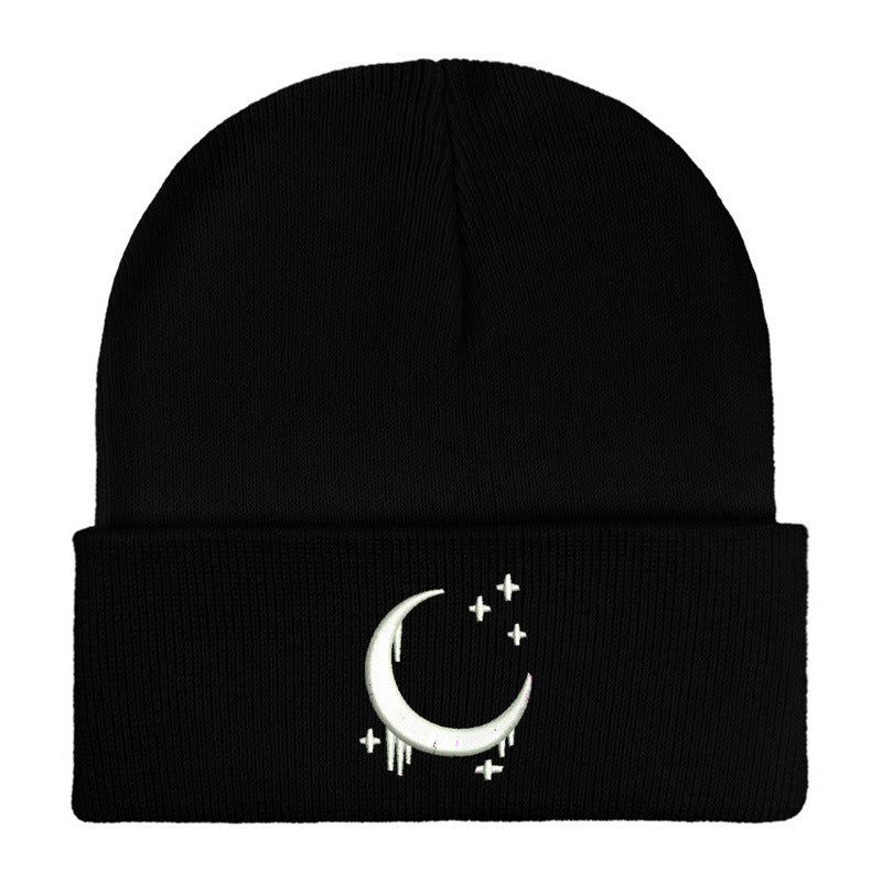 Embroidered Moon & Stars Knit Beanie Hat - Shadow Threadz Crypt