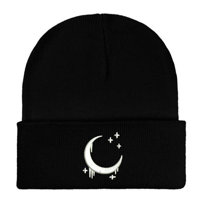 Embroidered Moon & Stars Knit Beanie Hat - Shadow Threadz Crypt